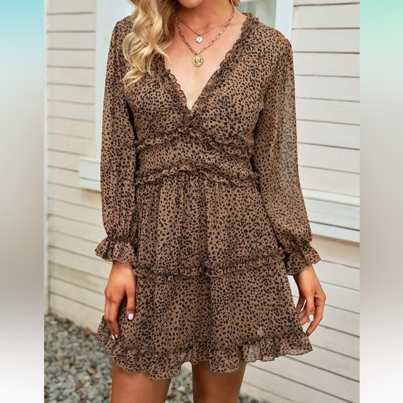 Leopard Print Spring Summer Deep V Neck Ruffle Long Sleeve Mini Dress - Picture 1 of 4